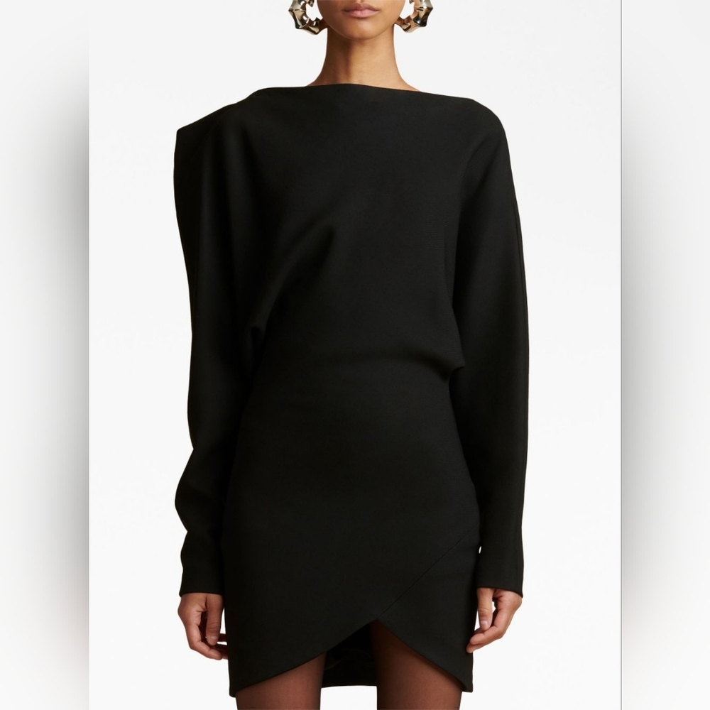 KHAITE Juniper Draped Neckline Long Sleeve Mini Dress Black US 4 Org $1,480